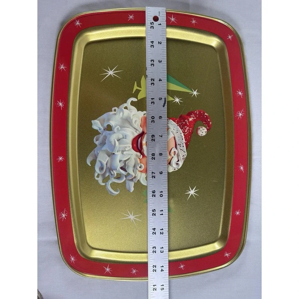VTG Santa Tray Christmas Atomic Stars Holiday Metal Decorative Gold Retro 11x14